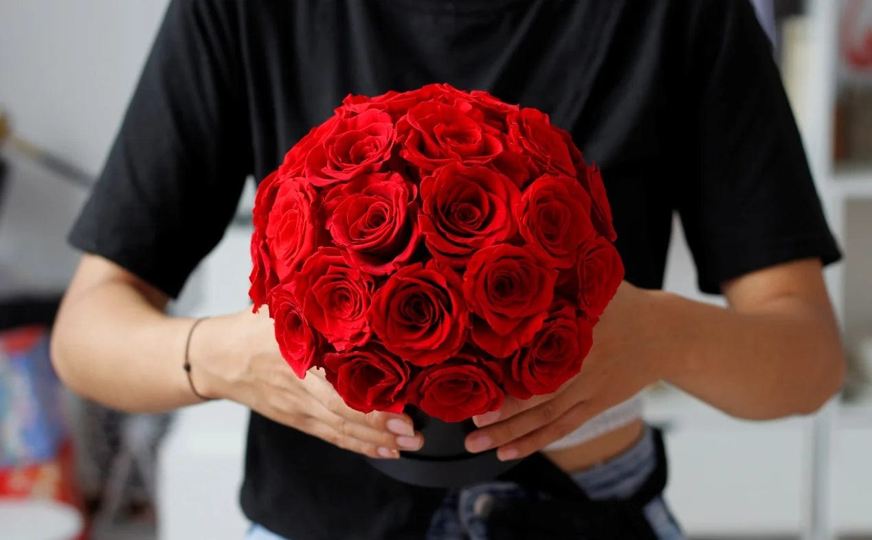 Eternal Love Encased: Mushroom Head Hug Bucket with High-Quality Red Rose Gift