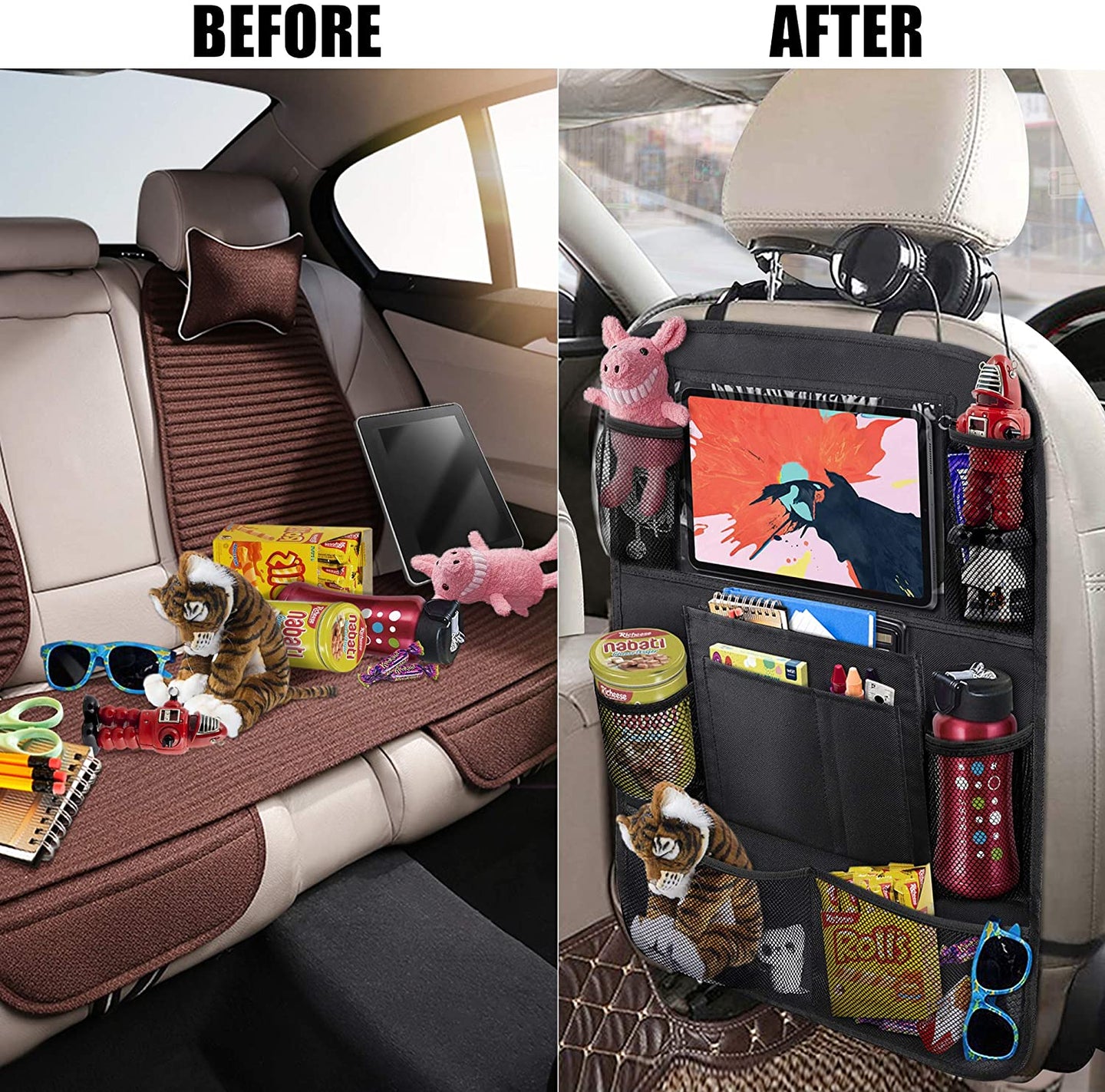 Car Backseat Organizer with 10" Table Holder – Your Ultimate Solution for Happy, Organized Travel with Kids!