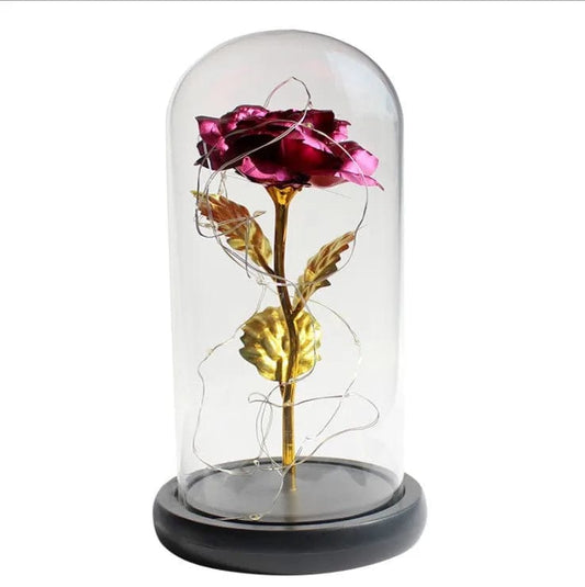 Eternal Spark: Artificial Valentine's Day Gifts - Golden Rose LED Lamp in Glass Dome