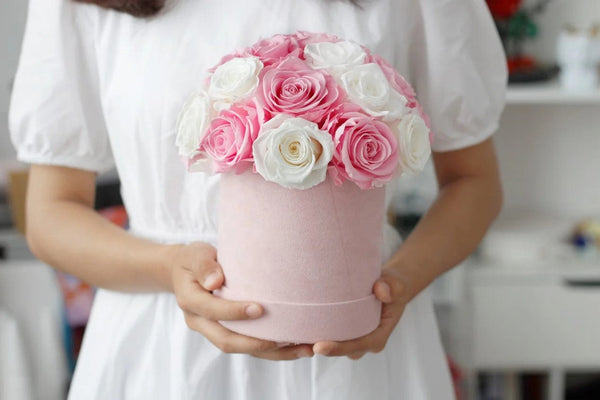 Eternal Love Encased: Mushroom Head Hug Bucket with High-Quality Red Rose Gift