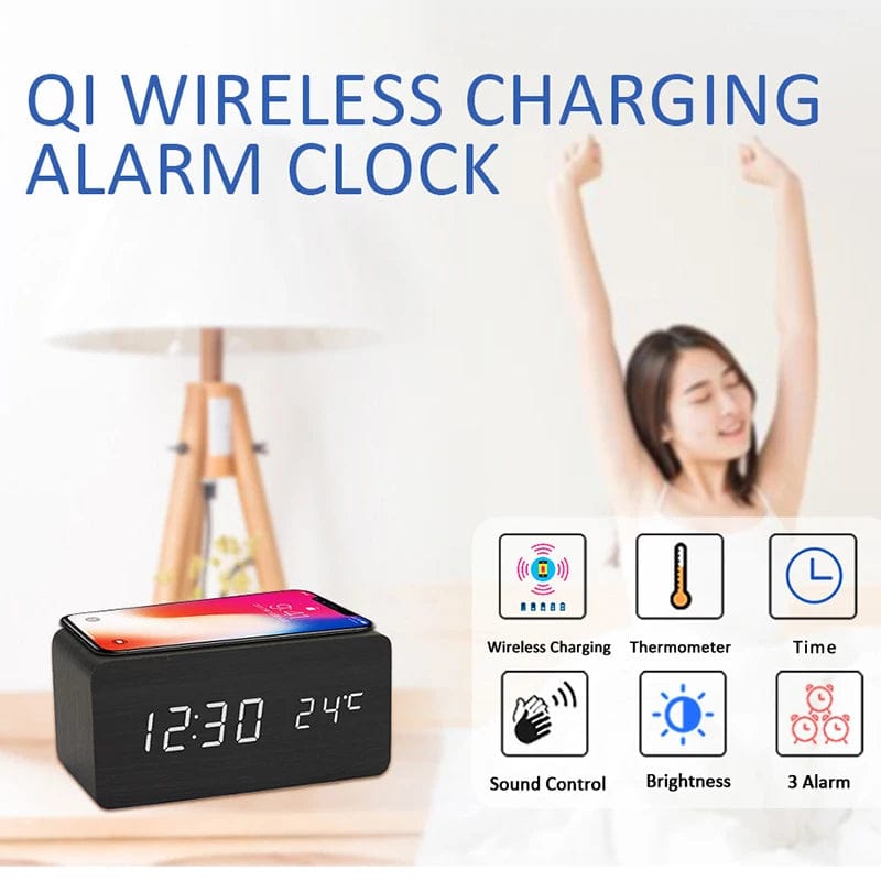 Wooden LED Alarm Clock: Digital Clock with Wireless Charger for Phones 5W/10W Qi