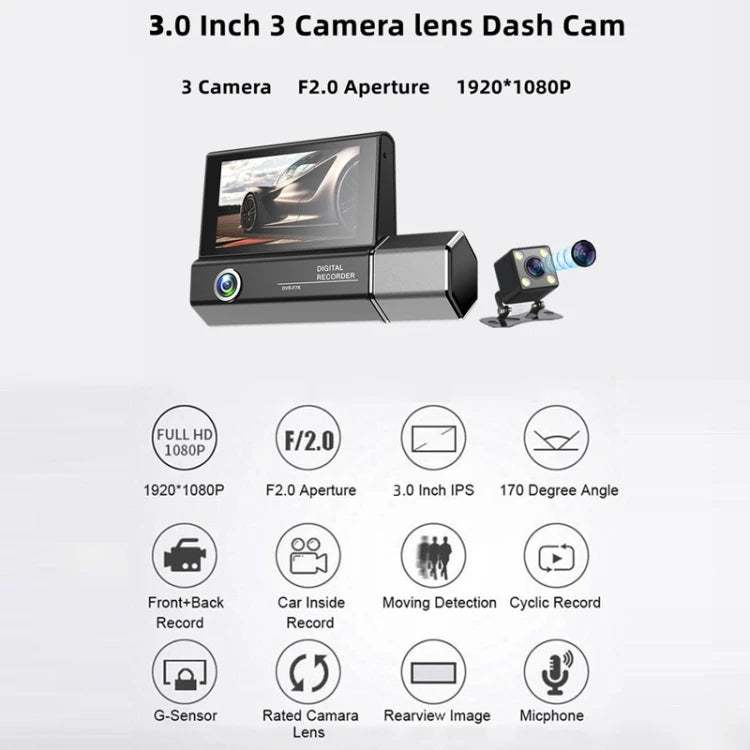 Car DVR Dashcam with HD 1080P Triple Lens | 170° Wide Angle | Motion Detection