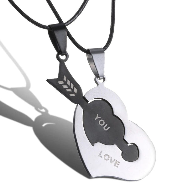 Fashion Simple Stainless Steel Key Puzzle Heart Shaped Lovers Pendant Necklace