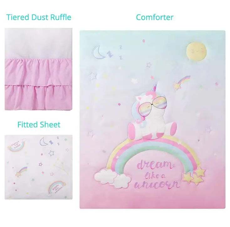 Unicorn Mermaid Pink Baby Quilt and Three-Piece Crib Bedding Set