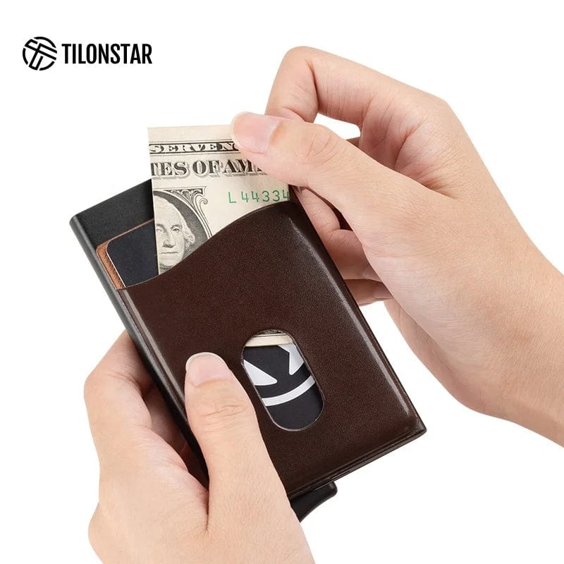 Smart Style Companion: TILONSTAR Leather Aluminum Wallet with Pop-Up Card Case for Modern Men