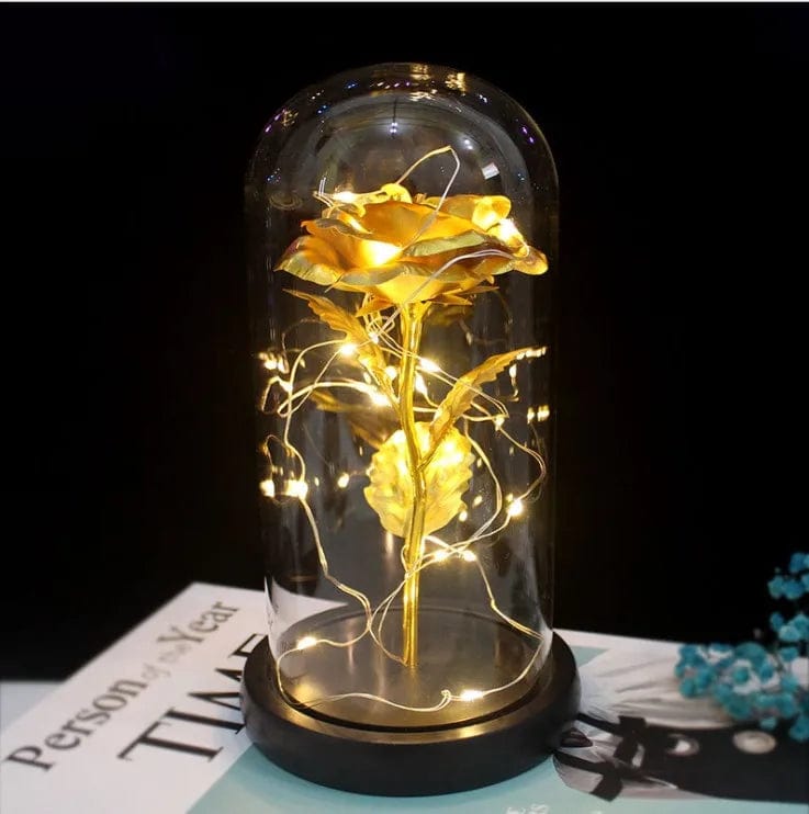 Eternal Spark: Artificial Valentine's Day Gifts - Golden Rose LED Lamp in Glass Dome