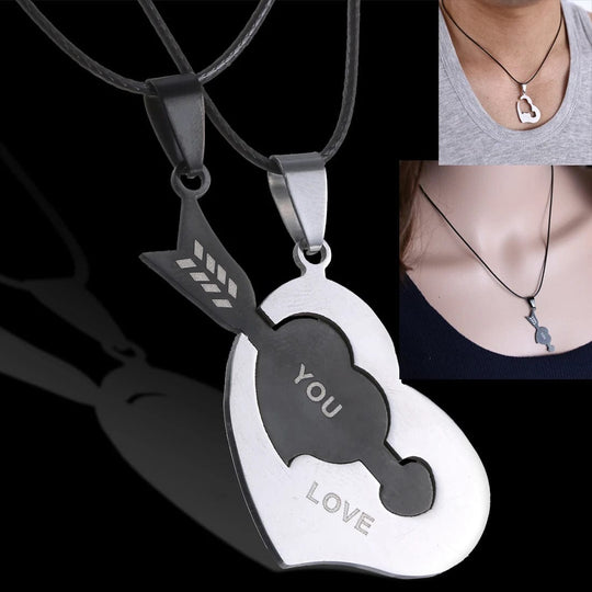 Fashion Simple Stainless Steel Key Puzzle Heart Shaped Lovers Pendant Necklace