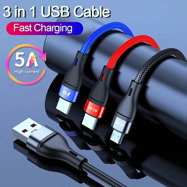 Nylon Braided 5A Super Fast VOOC charging Mobile Micro USB Cable 3 in 1 USB Charging Cable For iphone 12 Android