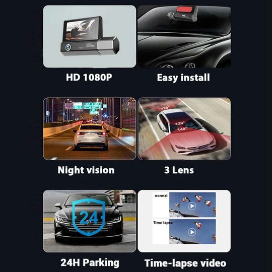 Car DVR Dashcam with HD 1080P Triple Lens | 170° Wide Angle | Motion Detection