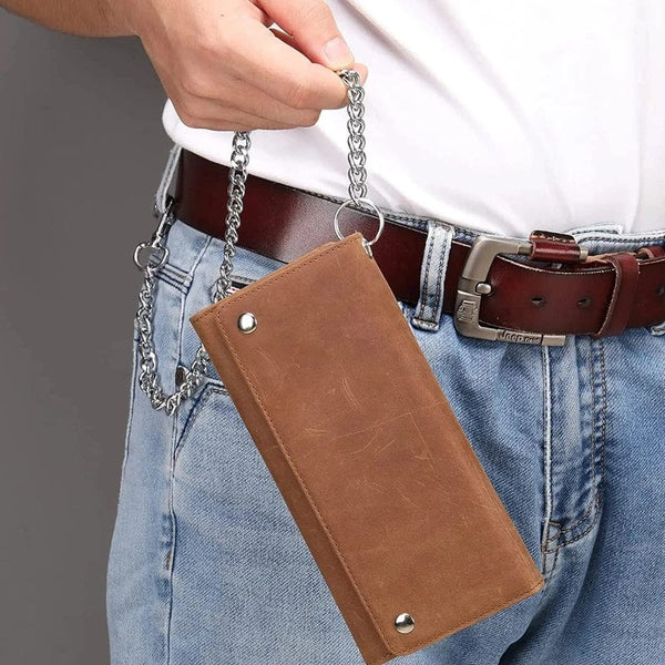 Rugged Sophistication: Long Wallet with Chain, RFID Blocking, and Zipper Coin Pocket