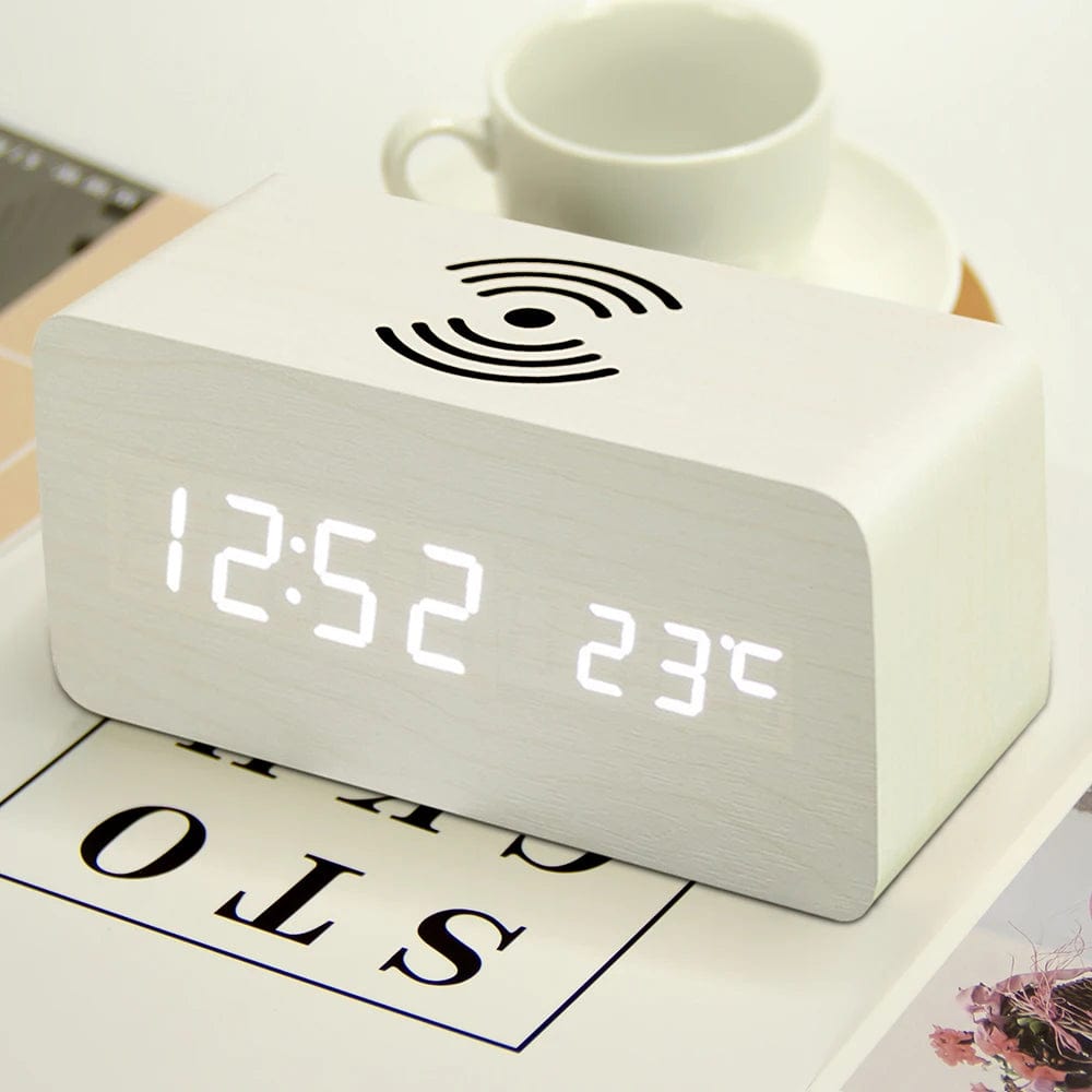 Wooden LED Alarm Clock: Digital Clock with Wireless Charger for Phones 5W/10W Qi