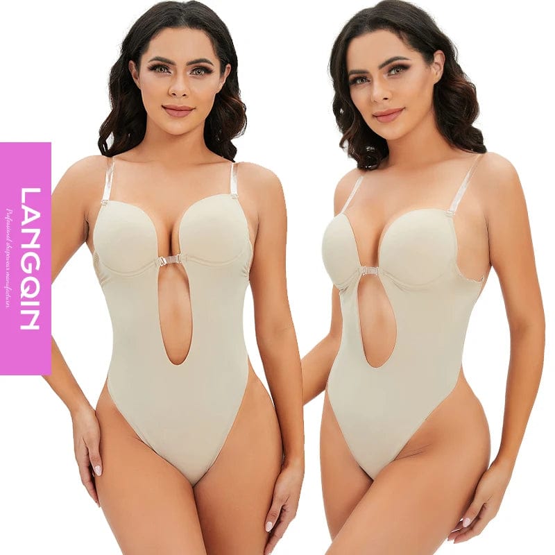 Sexy Plunge, Comfortable Support: LANGQIN Women's Shaper Bodysuit with Full Body Backless Bra