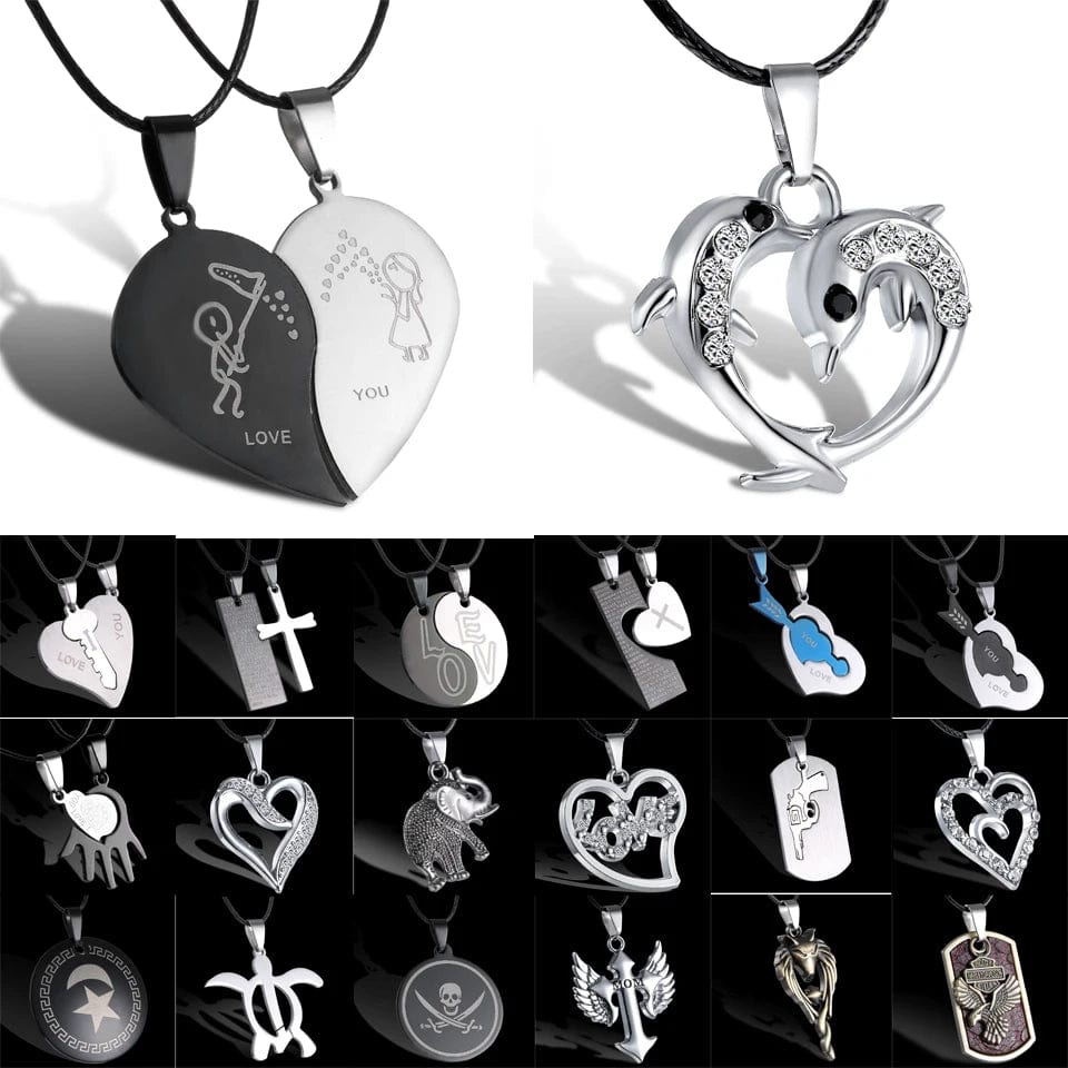 Fashion Simple Stainless Steel Key Puzzle Heart Shaped Lovers Pendant Necklace